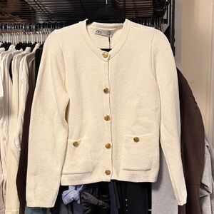 Zara Ivory Knit Cardigan with Gold Accents